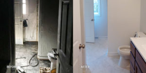 Before and after of a fire-damaged bathroom