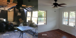 Before and after of a fire-damaged living room