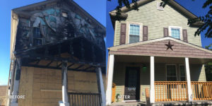 Before and after of a fire-damaged house