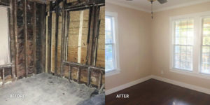 Before and after of a fire-damaged room