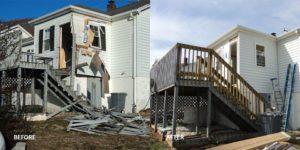 Before and after of the back of a storm-damaged house