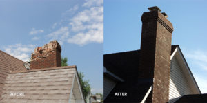 Before and after of a damaged brick chimney