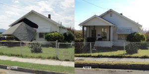 Before and after of a front porch damaged by a car