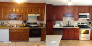 Before and after of a renovated kitchen with wood cabinets, granite countertops and stainless steel appliances