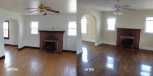 Before and after of a renovated living room in an old house with a fireplace