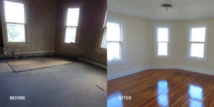 Before and after of a renovated room in an old house with wood floors