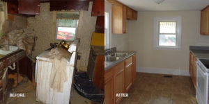 Before and after of a kitchen remodel in an old house